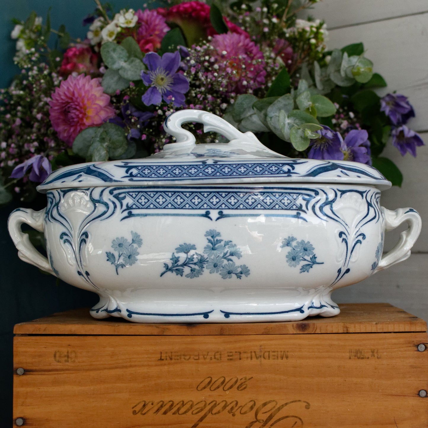 MANON Saint Amand Hamage French Antique Ironstone Blue Transferware Rectangle Soup Tureen Soupiere Terre de Fer en Faience