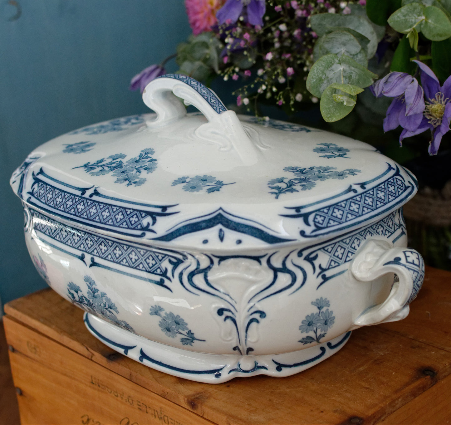 MANON Saint Amand Hamage French Antique Ironstone Blue Transferware Rectangle Soup Tureen Soupiere Terre de Fer en Faience