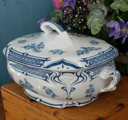 MANON Saint Amand Hamage French Antique Ironstone Blue Transferware Rectangle Soup Tureen Soupiere Terre de Fer en Faience