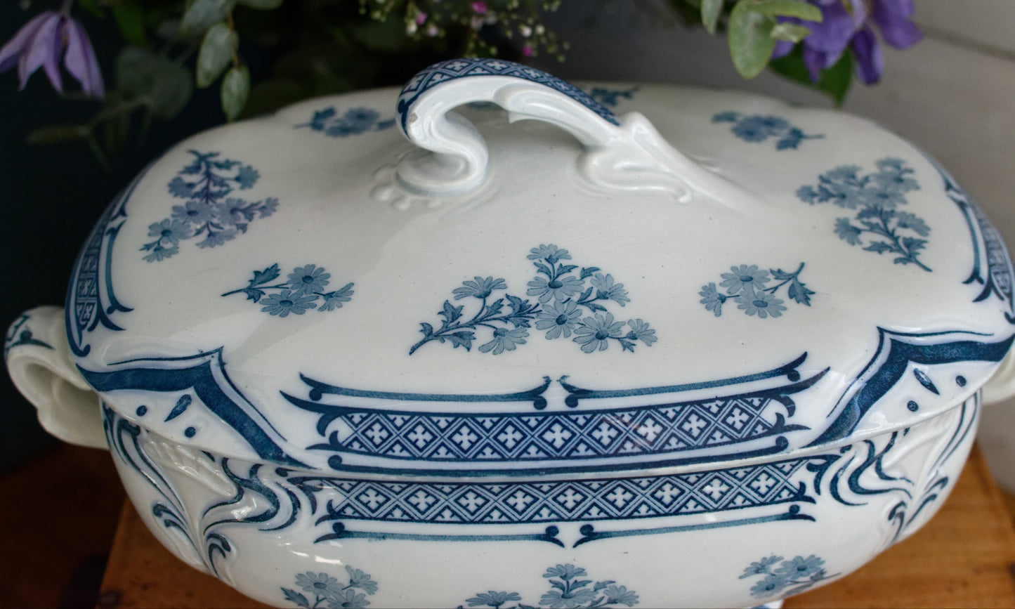 MANON Saint Amand Hamage French Antique Ironstone Blue Transferware Rectangle Soup Tureen Soupiere Terre de Fer en Faience