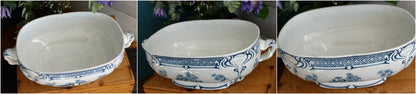 MANON Saint Amand Hamage French Antique Ironstone Blue Transferware Rectangle Soup Tureen Soupiere Terre de Fer en Faience