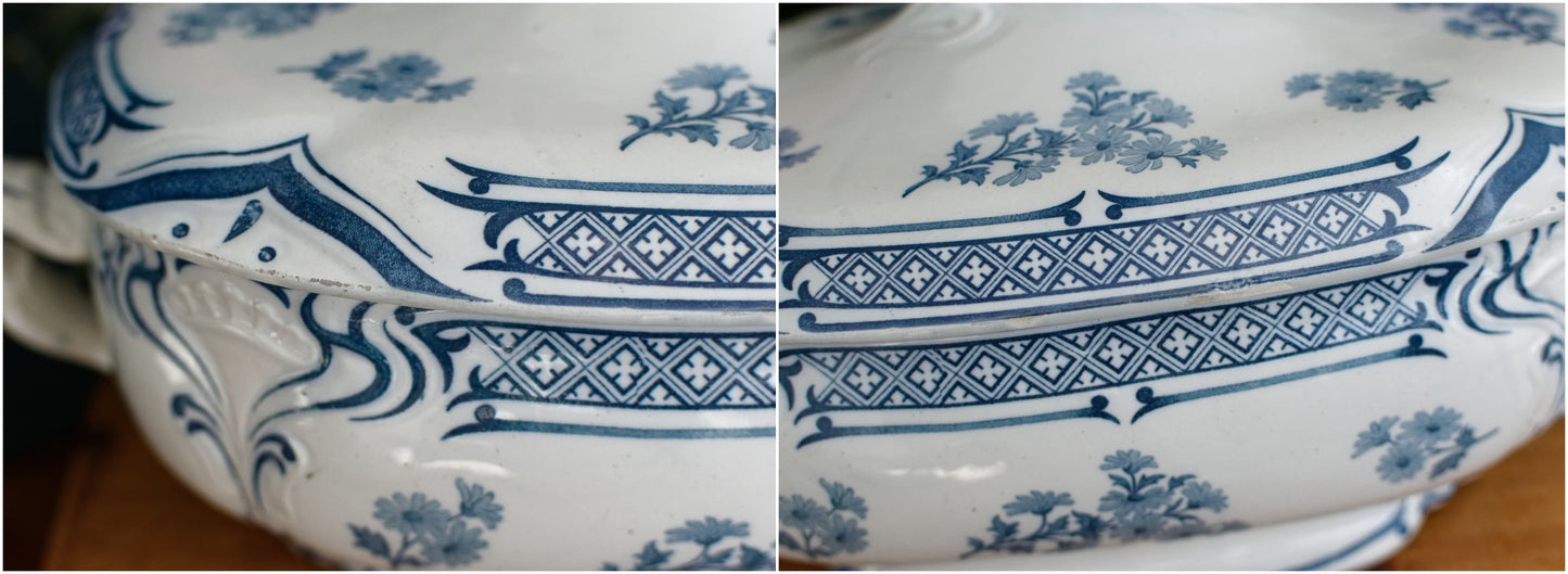 MANON Saint Amand Hamage French Antique Ironstone Blue Transferware Rectangle Soup Tureen Soupiere Terre de Fer en Faience