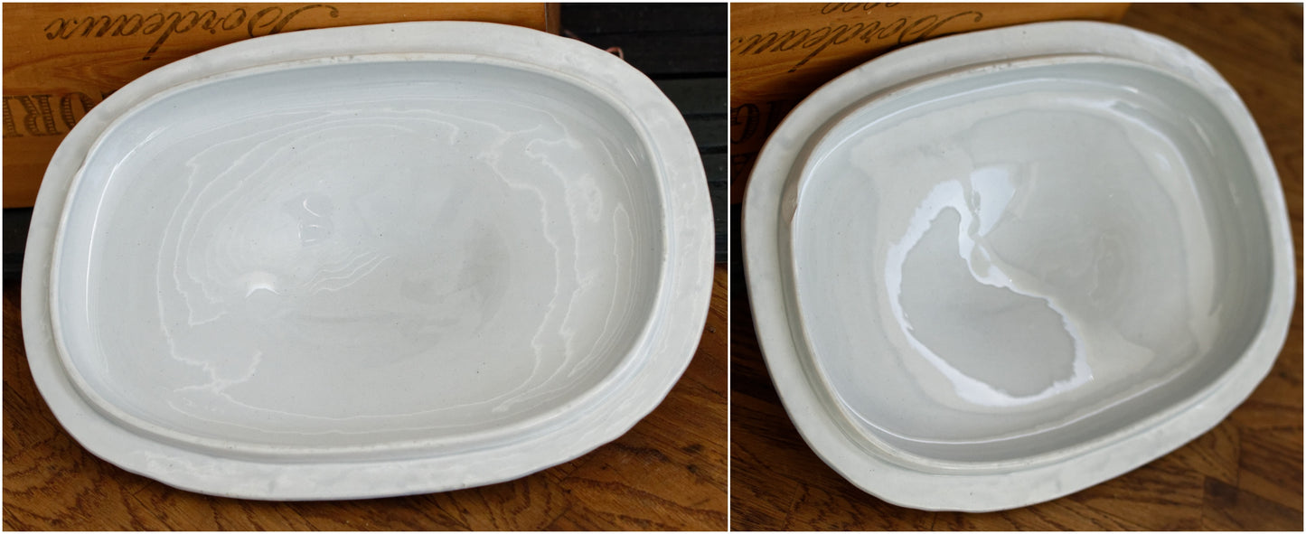 MANON Saint Amand Hamage French Antique Ironstone Blue Transferware Rectangle Soup Tureen Soupiere Terre de Fer en Faience