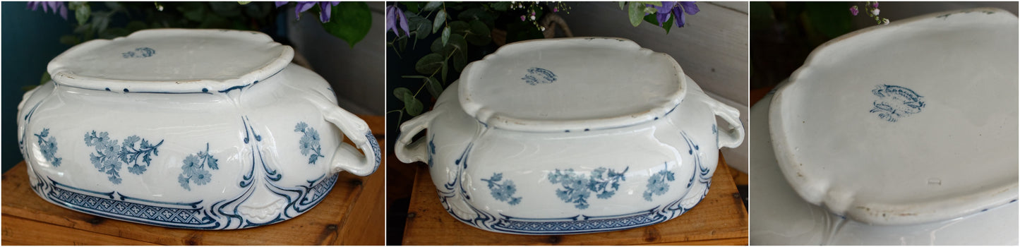 MANON Saint Amand Hamage French Antique Ironstone Blue Transferware Rectangle Soup Tureen Soupiere Terre de Fer en Faience
