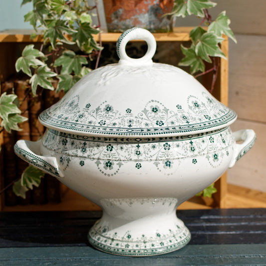 MARCEAU Motif Moulin des Loups Hamage Nord French Antique Ironstone Green Transferware Soup Tureen Soupiere Terre de Fer