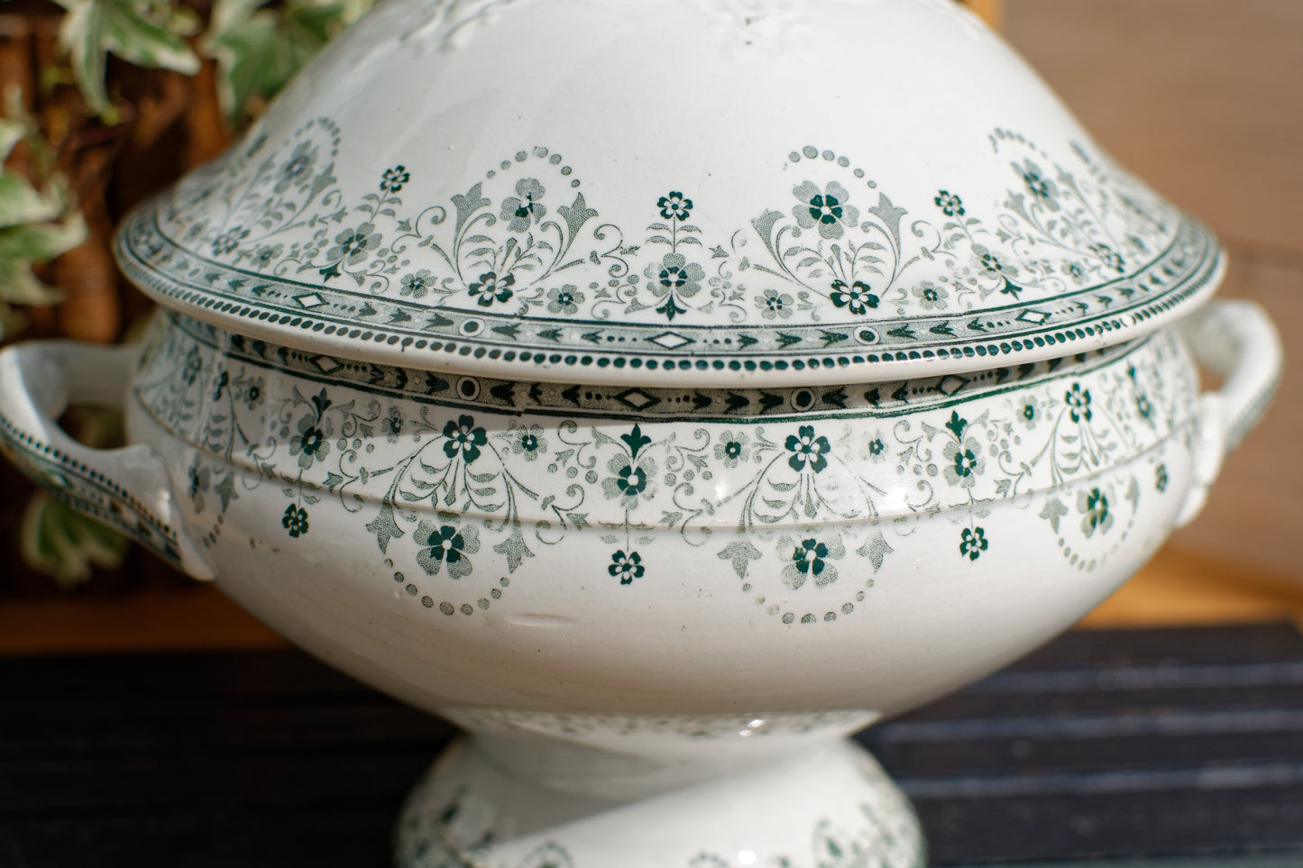 MARCEAU Motif Moulin des Loups Hamage Nord French Antique Ironstone Green Transferware Soup Tureen Soupiere Terre de Fer