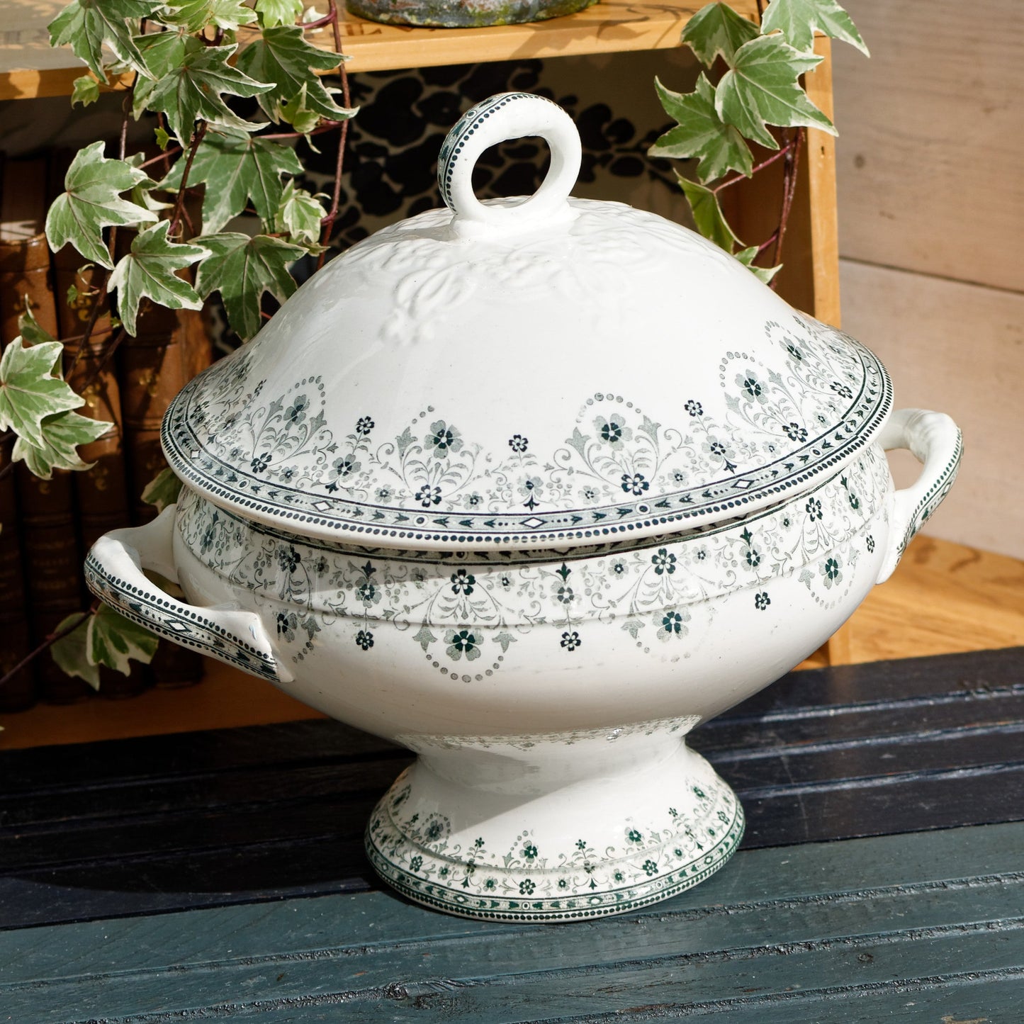 MARCEAU Motif Moulin des Loups Hamage Nord French Antique Ironstone Green Transferware Soup Tureen Soupiere Terre de Fer