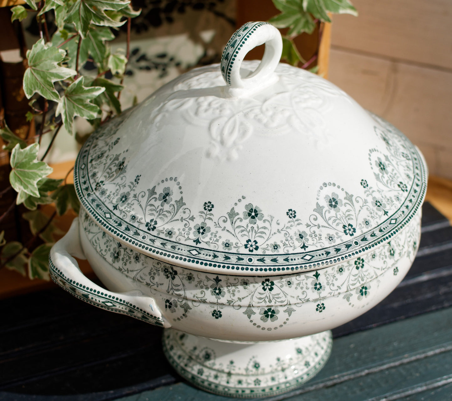 MARCEAU Motif Moulin des Loups Hamage Nord French Antique Ironstone Green Transferware Soup Tureen Soupiere Terre de Fer