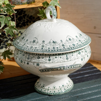 MARCEAU Motif Moulin des Loups Hamage Nord French Antique Ironstone Green Transferware Soup Tureen Soupiere Terre de Fer