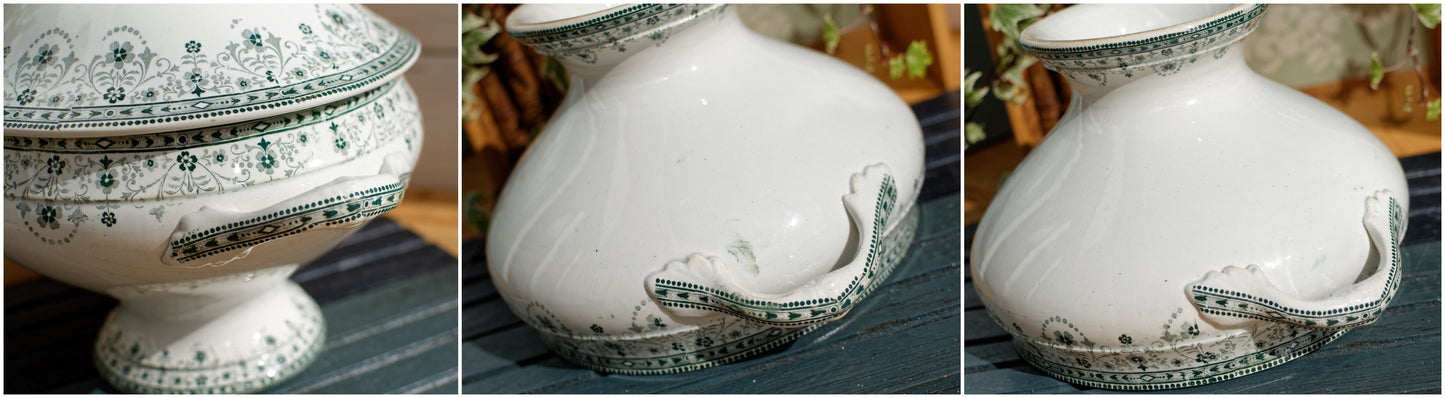 MARCEAU Motif Moulin des Loups Hamage Nord French Antique Ironstone Green Transferware Soup Tureen Soupiere Terre de Fer