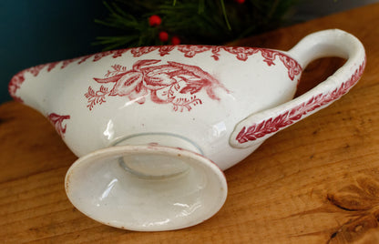 1920s ~ MARGOT Style ~ French Antique Ironstone Red Transferware Gravy Boat "Sauciere" ~ Terre de fer