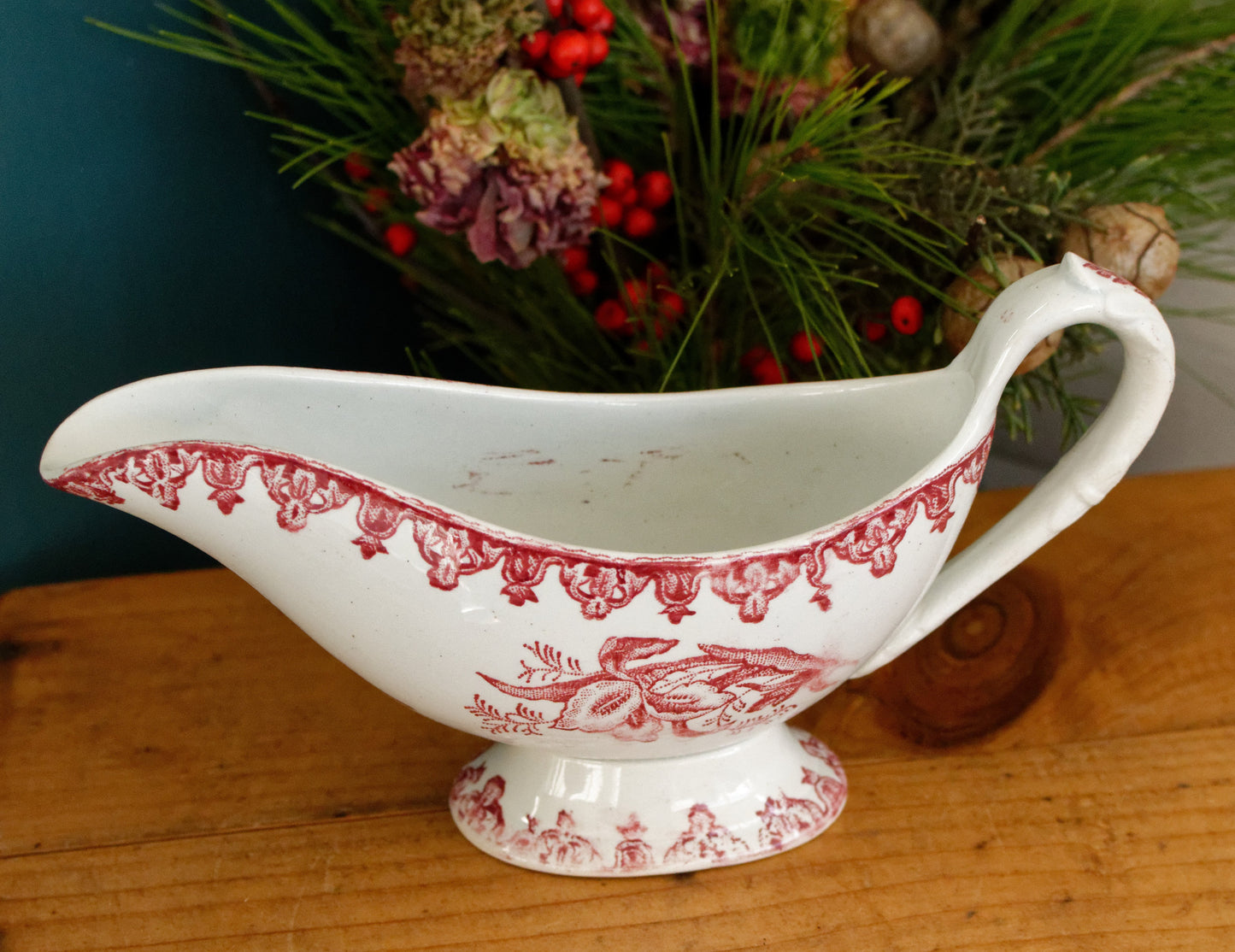1920s ~ MARGOT Style ~ French Antique Ironstone Red Transferware Gravy Boat "Sauciere" ~ Terre de fer