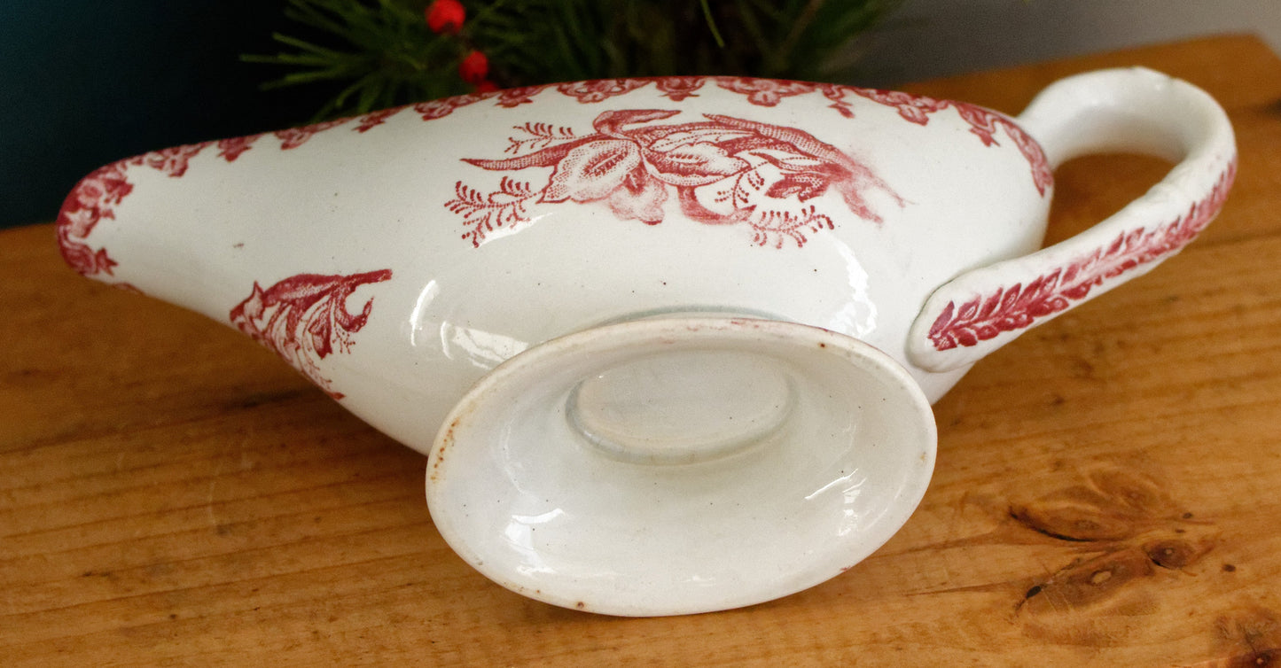 1920s ~ MARGOT Style ~ French Antique Ironstone Red Transferware Gravy Boat "Sauciere" ~ Terre de fer