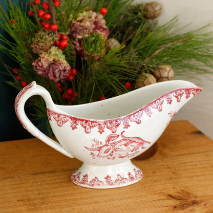 1920s ~ MARGOT Style ~ French Antique Ironstone Red Transferware Gravy Boat "Sauciere" ~ Terre de fer
