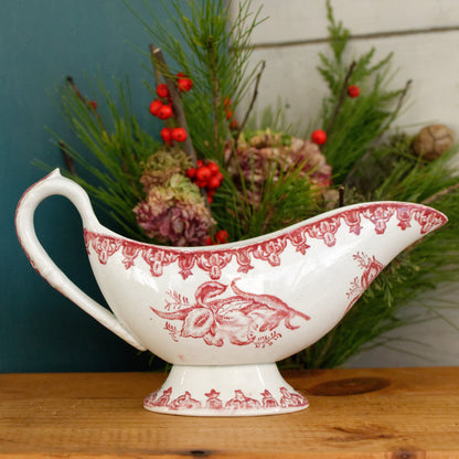 1920s ~ MARGOT Style ~ French Antique Ironstone Red Transferware Gravy Boat "Sauciere" ~ Terre de fer