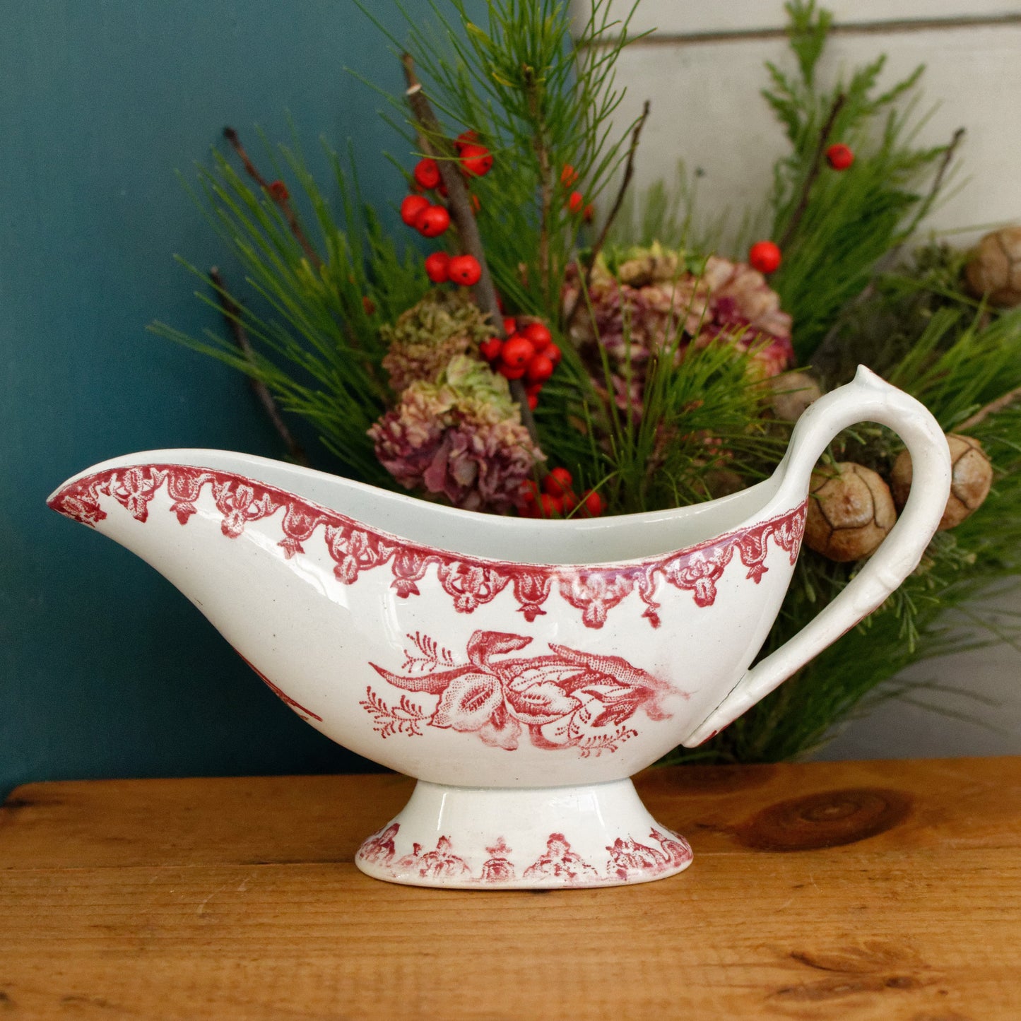 1920s ~ MARGOT Style ~ French Antique Ironstone Red Transferware Gravy Boat "Sauciere" ~ Terre de fer