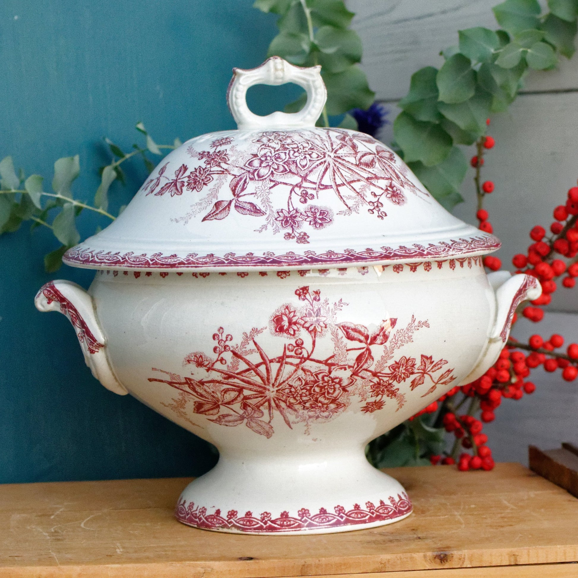 MARGOT Morif Saint Amandinoise French Antique Ironstone Red Transferware Soup Tureen Soupiere Terre de fer