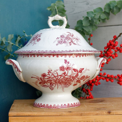 MARGOT Morif Saint Amandinoise French Antique Ironstone Red Transferware Soup Tureen Soupiere Terre de fer