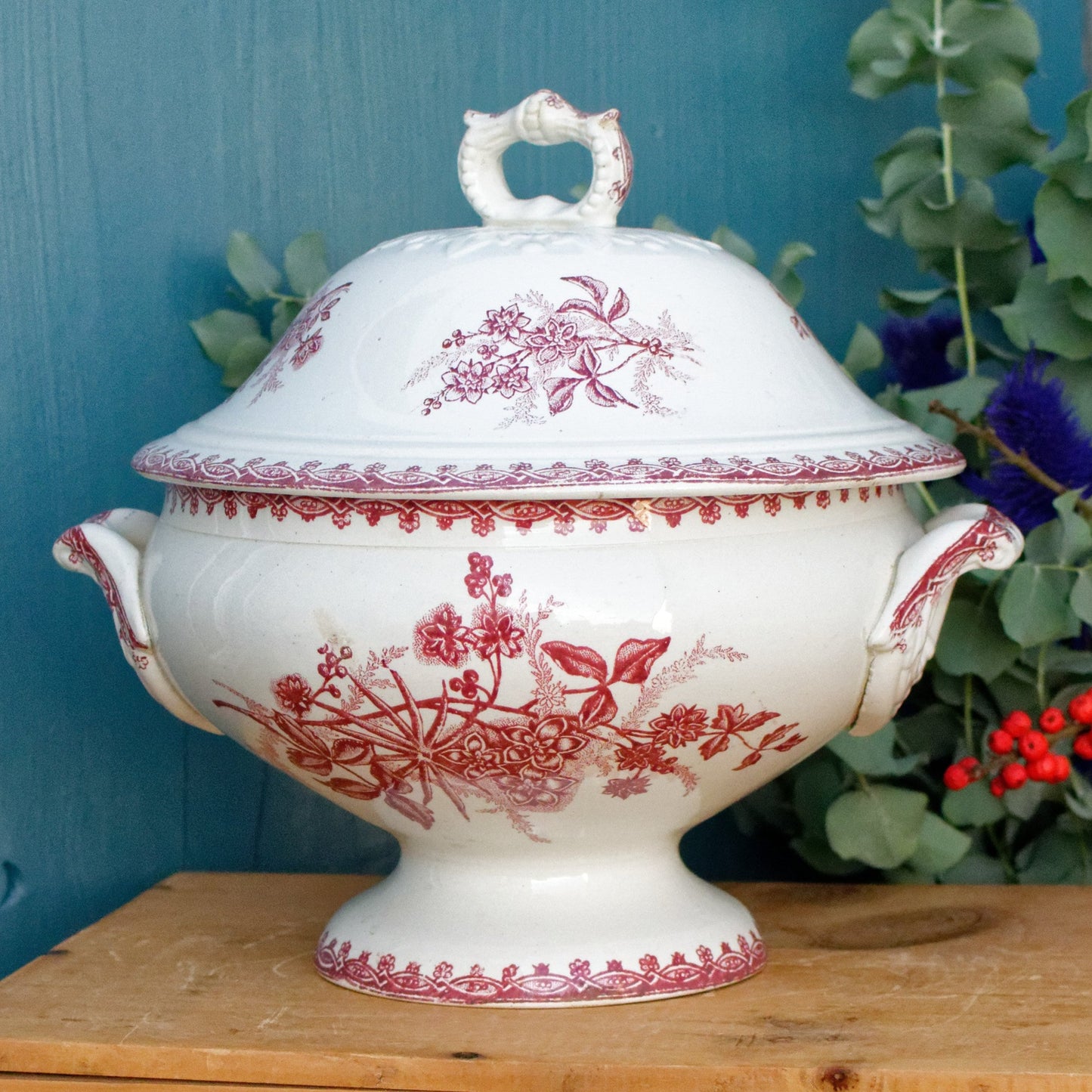 MARGOT Morif Saint Amandinoise French Antique Ironstone Red Transferware Soup Tureen Soupiere Terre de fer