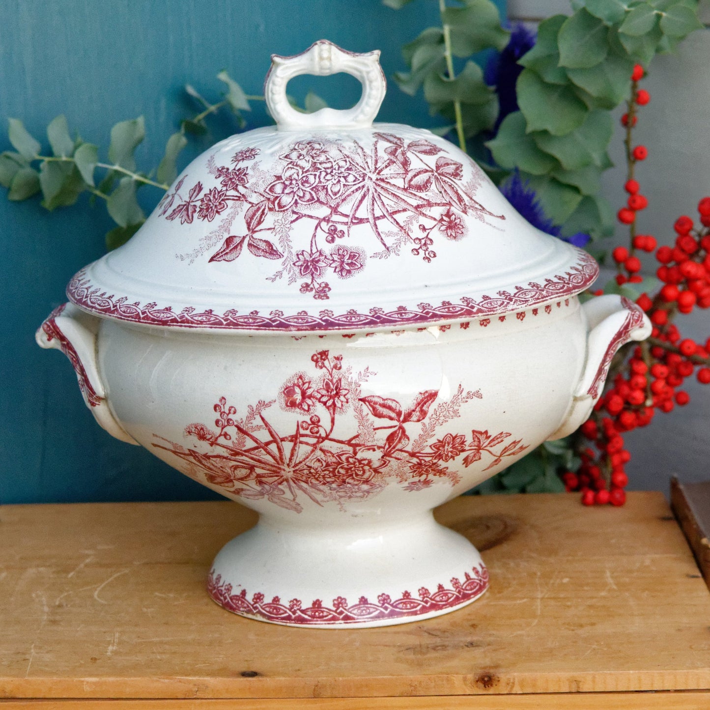 MARGOT Morif Saint Amandinoise French Antique Ironstone Red Transferware Soup Tureen Soupiere Terre de fer