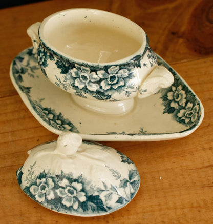 MARIE LOUISE motif Moulin des Loups & Hamage Nord French Antique Ironstone Blue Transferware Mustard Pot Jar Moutardier Terre de Fer Faience