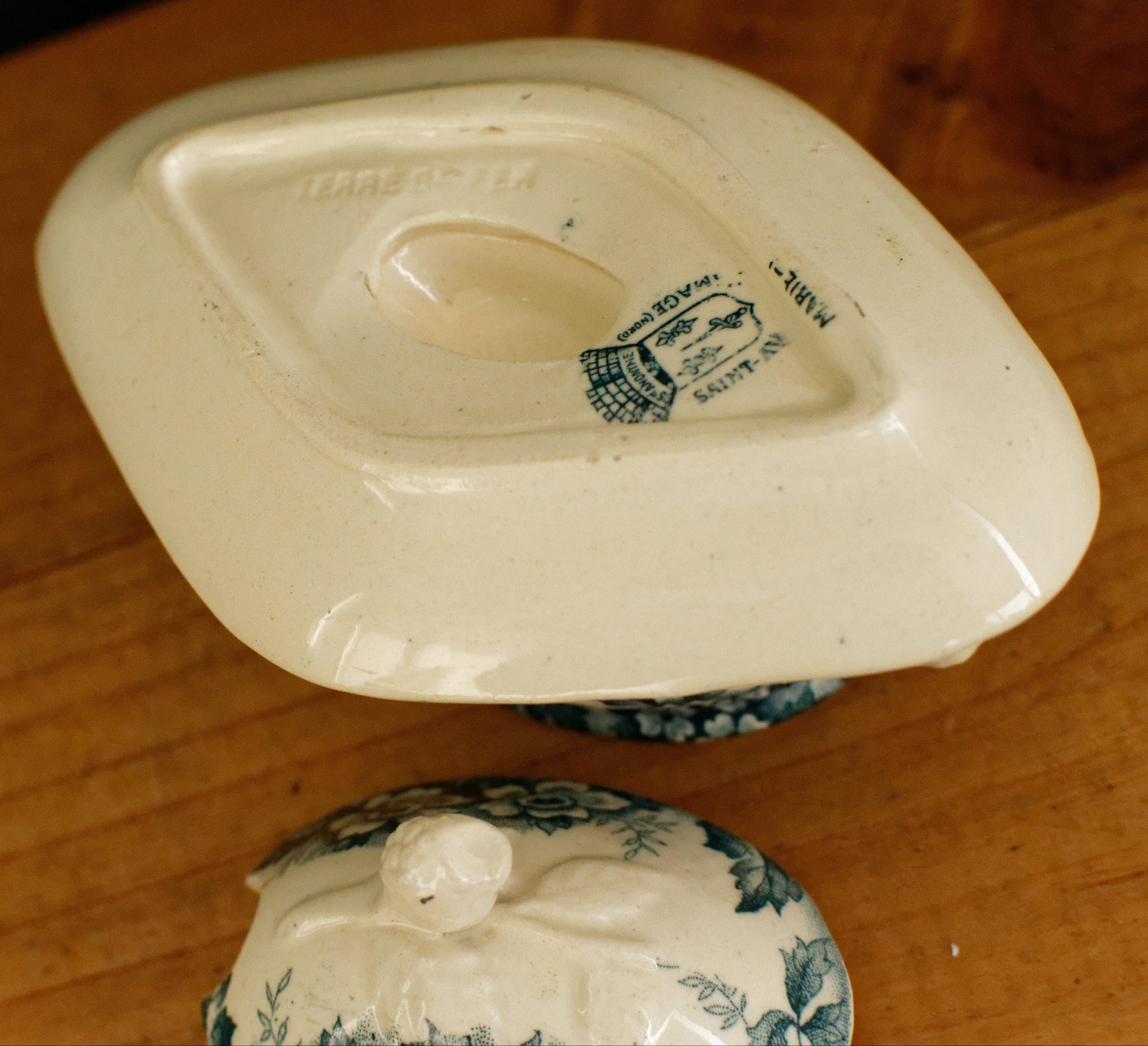 MARIE LOUISE motif Moulin des Loups & Hamage Nord French Antique Ironstone Blue Transferware Mustard Pot Jar Moutardier Terre de Fer Faience