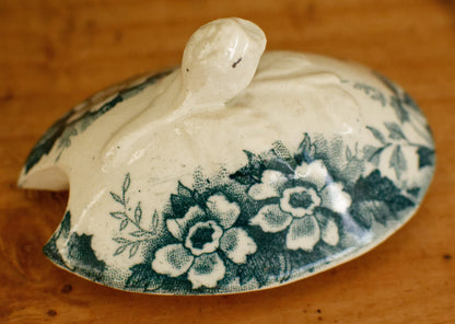 MARIE LOUISE motif Moulin des Loups & Hamage Nord French Antique Ironstone Blue Transferware Mustard Pot Jar Moutardier Terre de Fer Faience