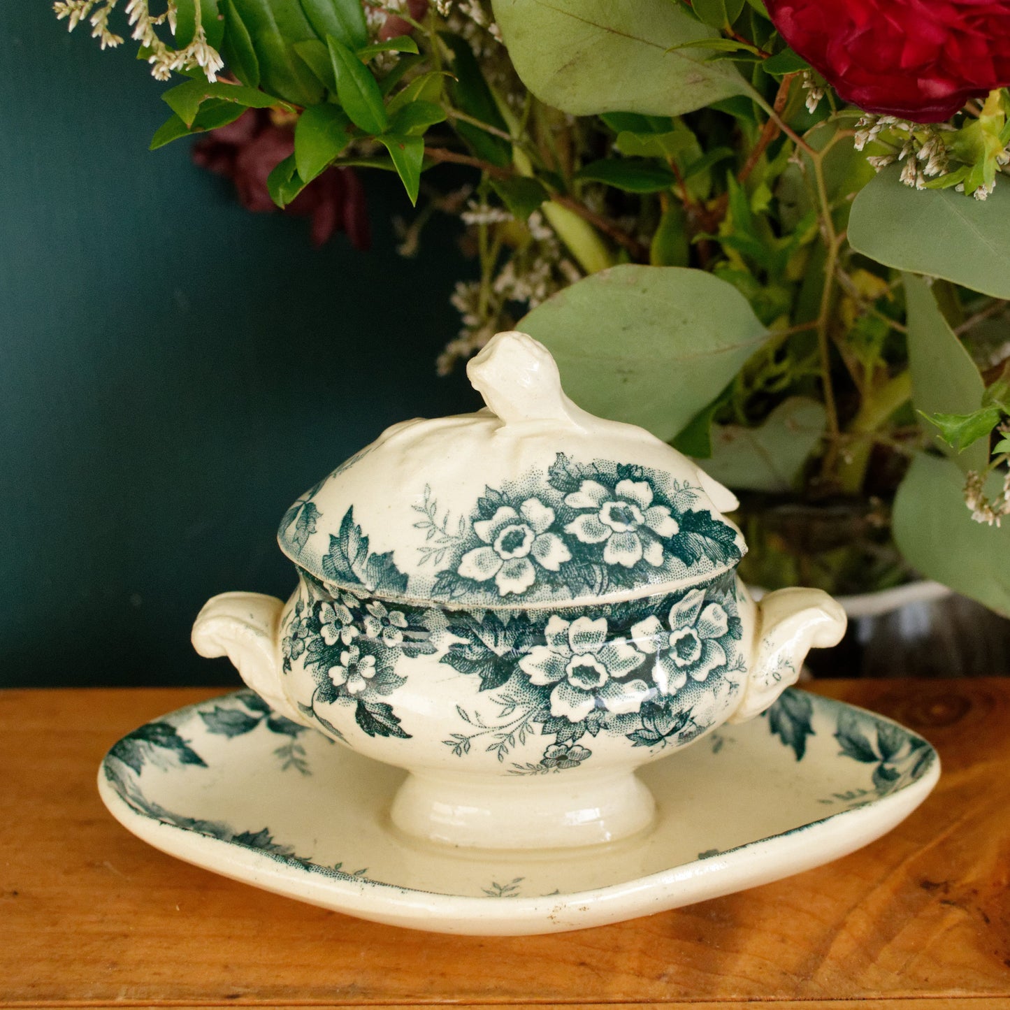 MARIE LOUISE motif Moulin des Loups & Hamage Nord French Antique Ironstone Blue Transferware Mustard Pot Jar Moutardier Terre de Fer Faience