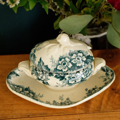 MARIE LOUISE motif Moulin des Loups & Hamage Nord French Antique Ironstone Blue Transferware Mustard Pot Jar Moutardier Terre de Fer Faience