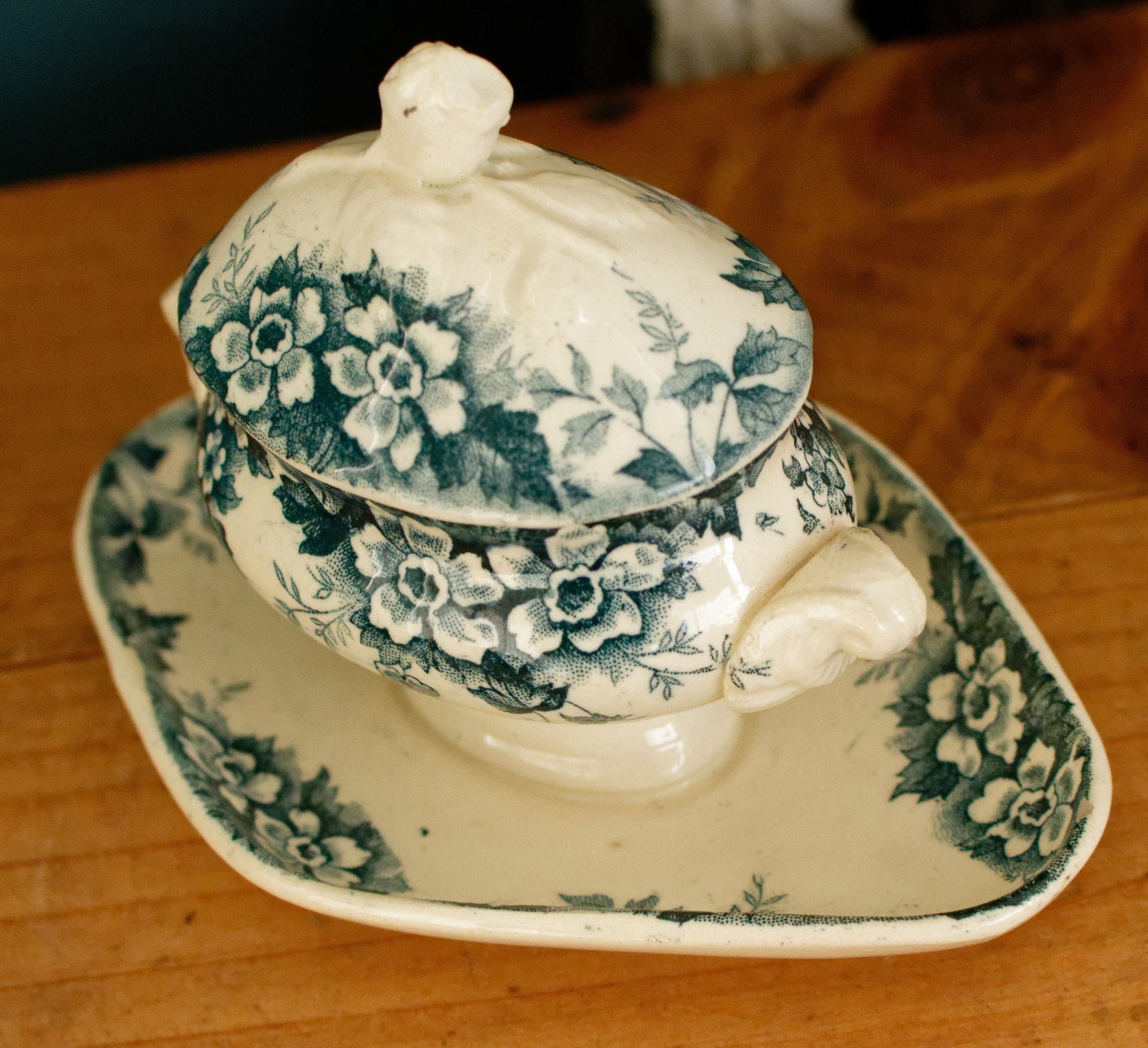 MARIE LOUISE motif Moulin des Loups & Hamage Nord French Antique Ironstone Blue Transferware Mustard Pot Jar Moutardier Terre de Fer Faience