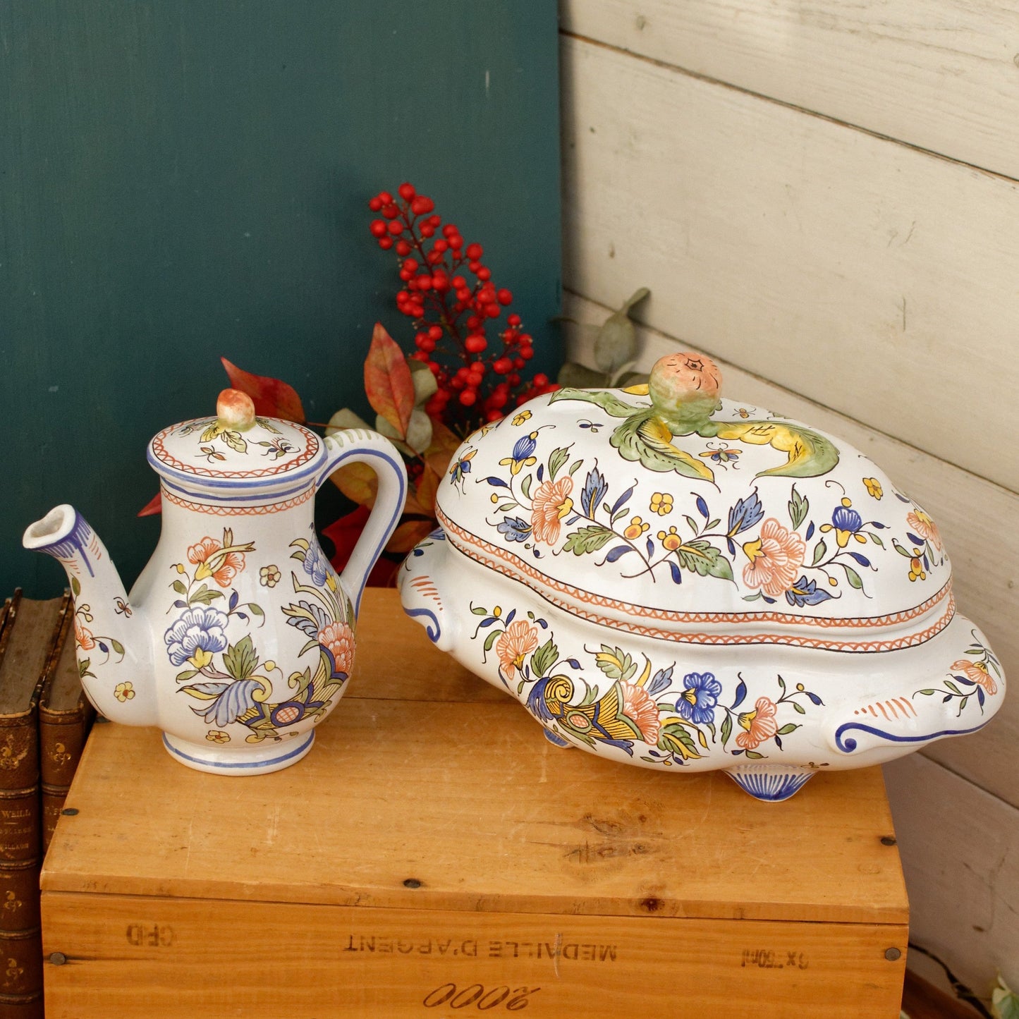 French Vintage MOUSTIERS Vieux Rouen Style Hand-Painted Faience Collectible Earthenware Covered Serving Piece & Small Pot La Faience de Moustiers