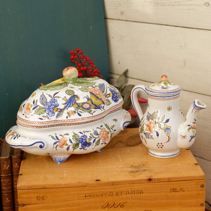 French Vintage MOUSTIERS Vieux Rouen Style Hand-Painted Faience Collectible Earthenware Covered Serving Piece & Small Pot La Faience de Moustiers