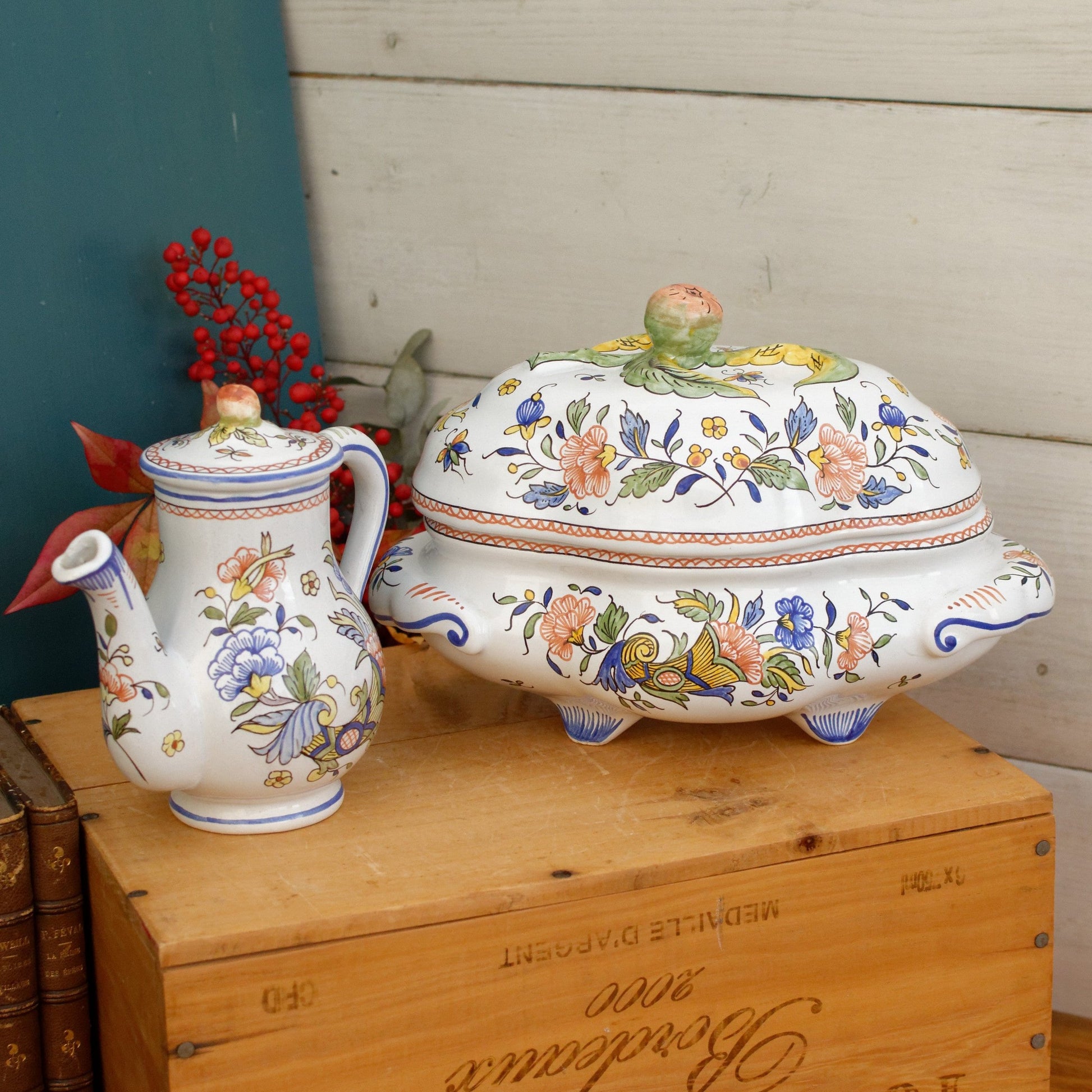 French Vintage MOUSTIERS Vieux Rouen Style Hand-Painted Faience Collectible Earthenware Covered Serving Piece & Small Pot La Faience de Moustiers