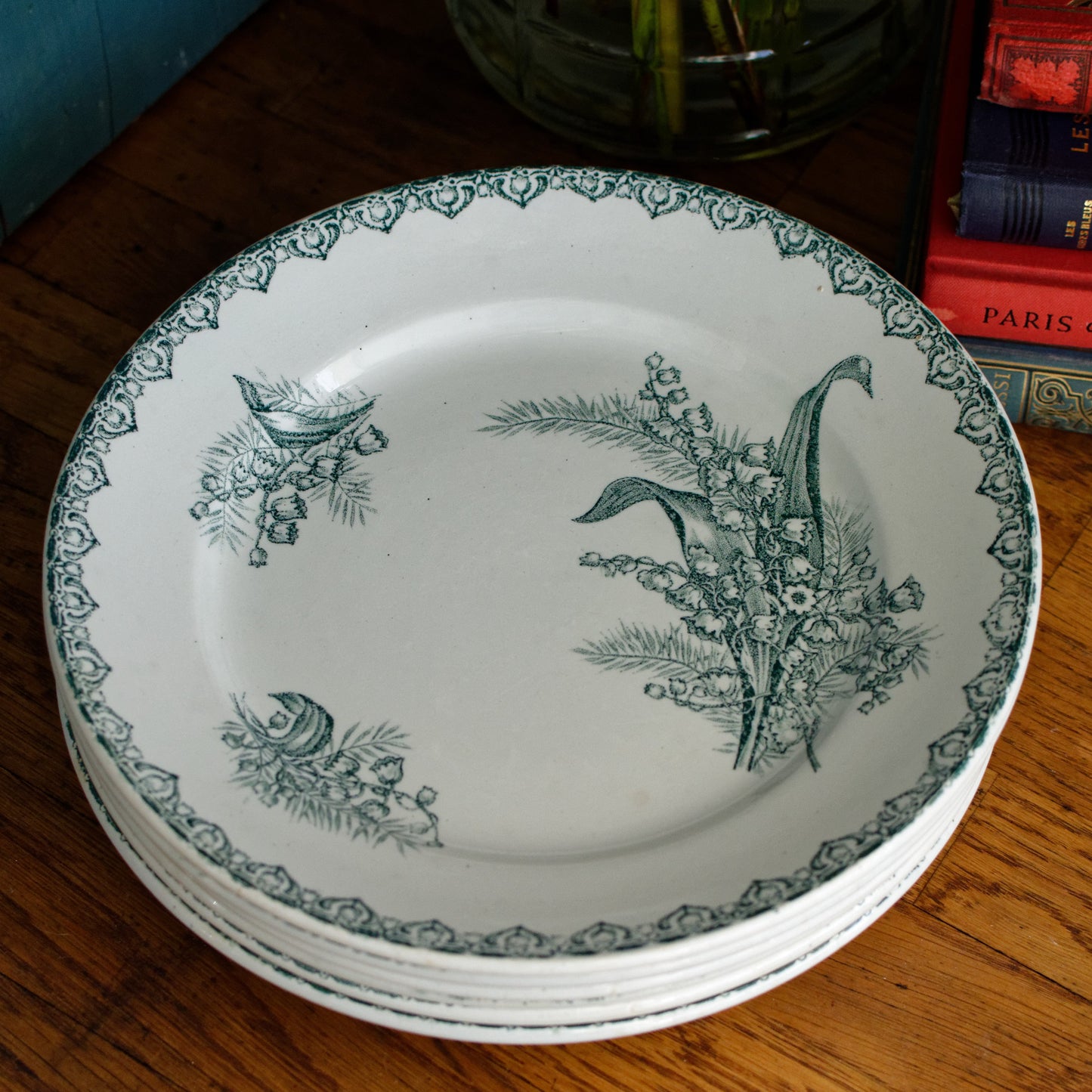 MUGUET Motif Ste Amandinoise French Antique Ironstone Green Transferware Salad Plate Terre de fer en Faience