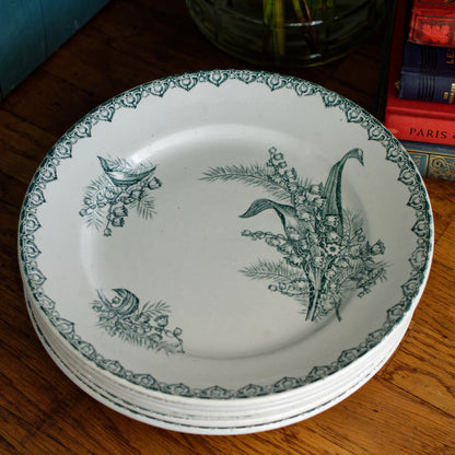 MUGUET Motif Ste Amandinoise French Antique Ironstone Green Transferware Salad Plate Terre de fer en Faience