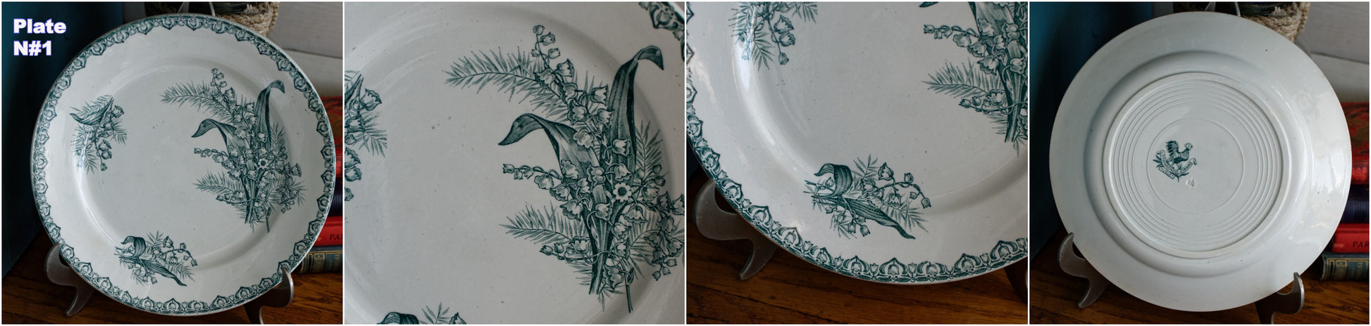 MUGUET Motif Ste Amandinoise French Antique Ironstone Green Transferware Salad Plate Terre de fer en Faience