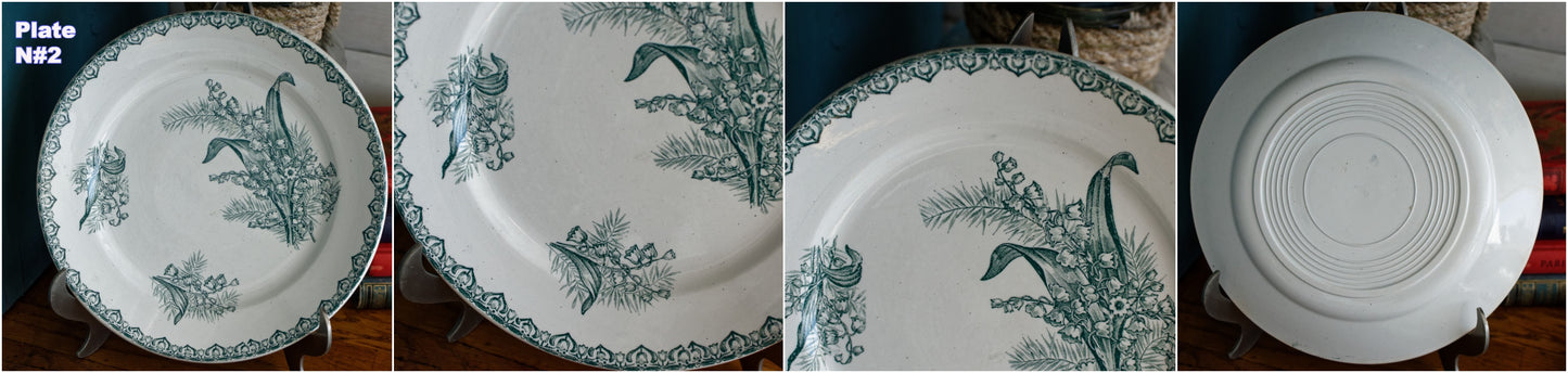 MUGUET Motif Ste Amandinoise French Antique Ironstone Green Transferware Salad Plate Terre de fer en Faience