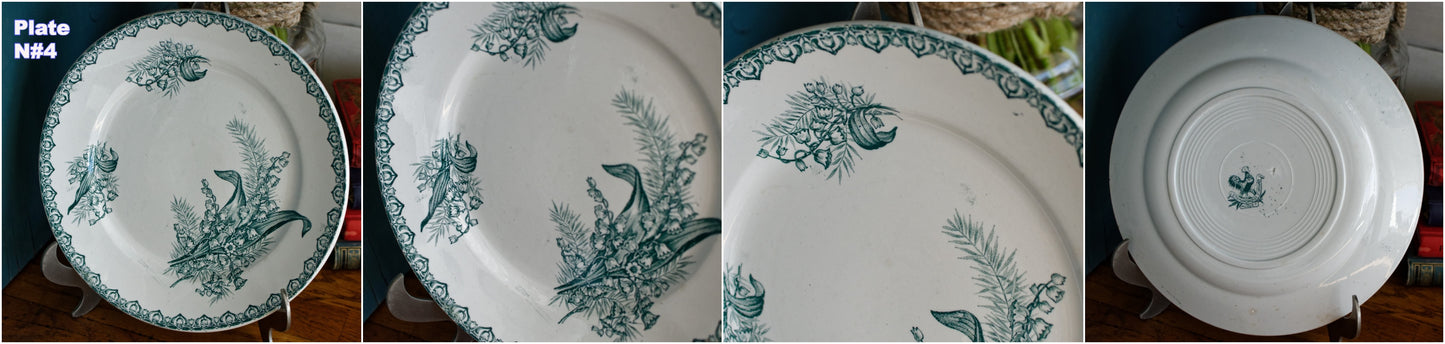 MUGUET Motif Ste Amandinoise French Antique Ironstone Green Transferware Salad Plate Terre de fer en Faience