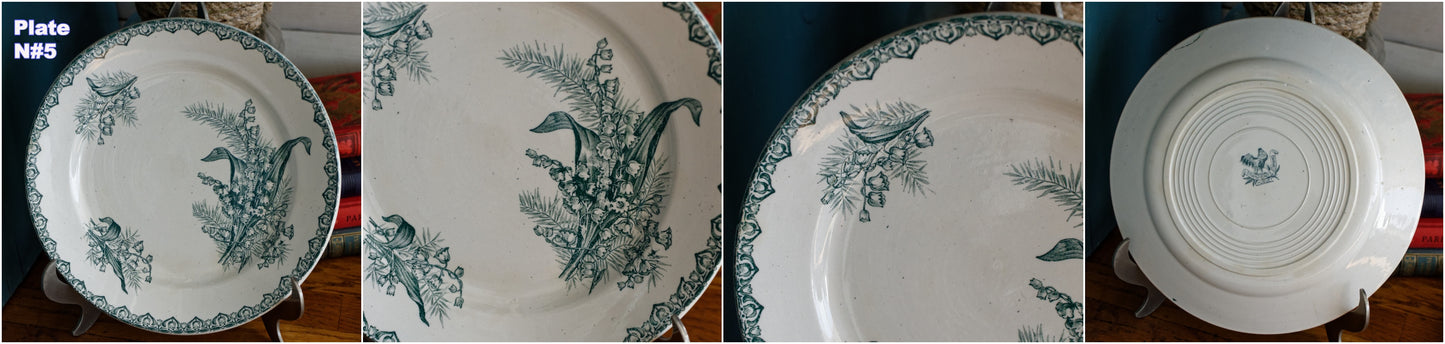 MUGUET Motif Ste Amandinoise French Antique Ironstone Green Transferware Salad Plate Terre de fer en Faience