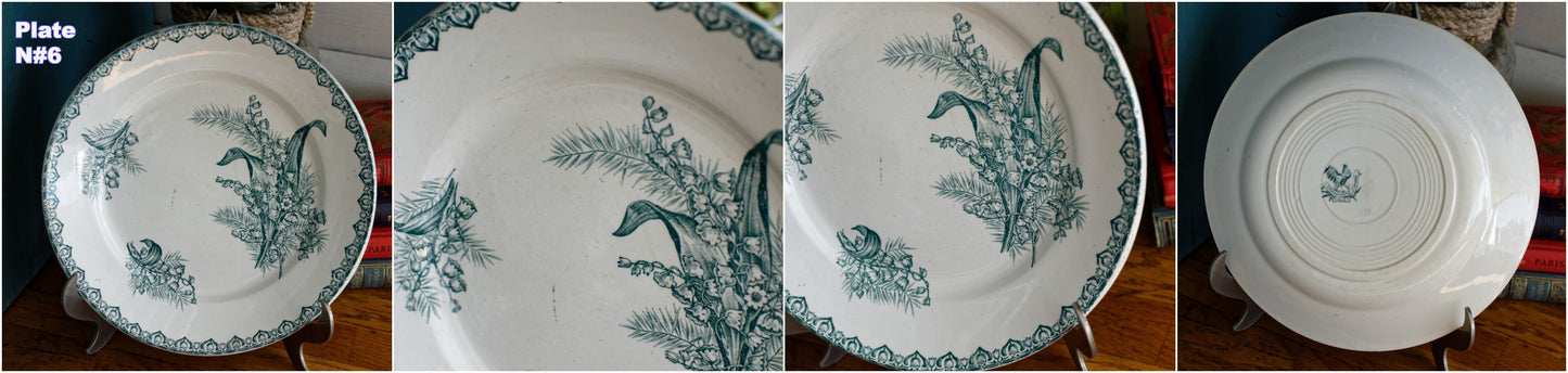 MUGUET Motif Ste Amandinoise French Antique Ironstone Green Transferware Salad Plate Terre de fer en Faience