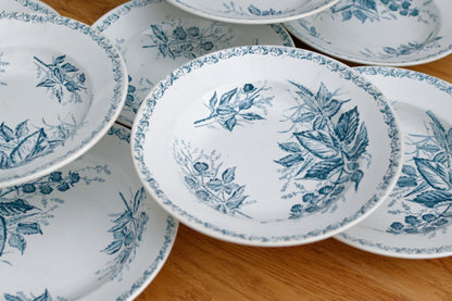 French Antique Ironstone MURE Motif FT (Fenal Theophile) Badonviller Blue Transferware Soup Plate Terre de fer Faience