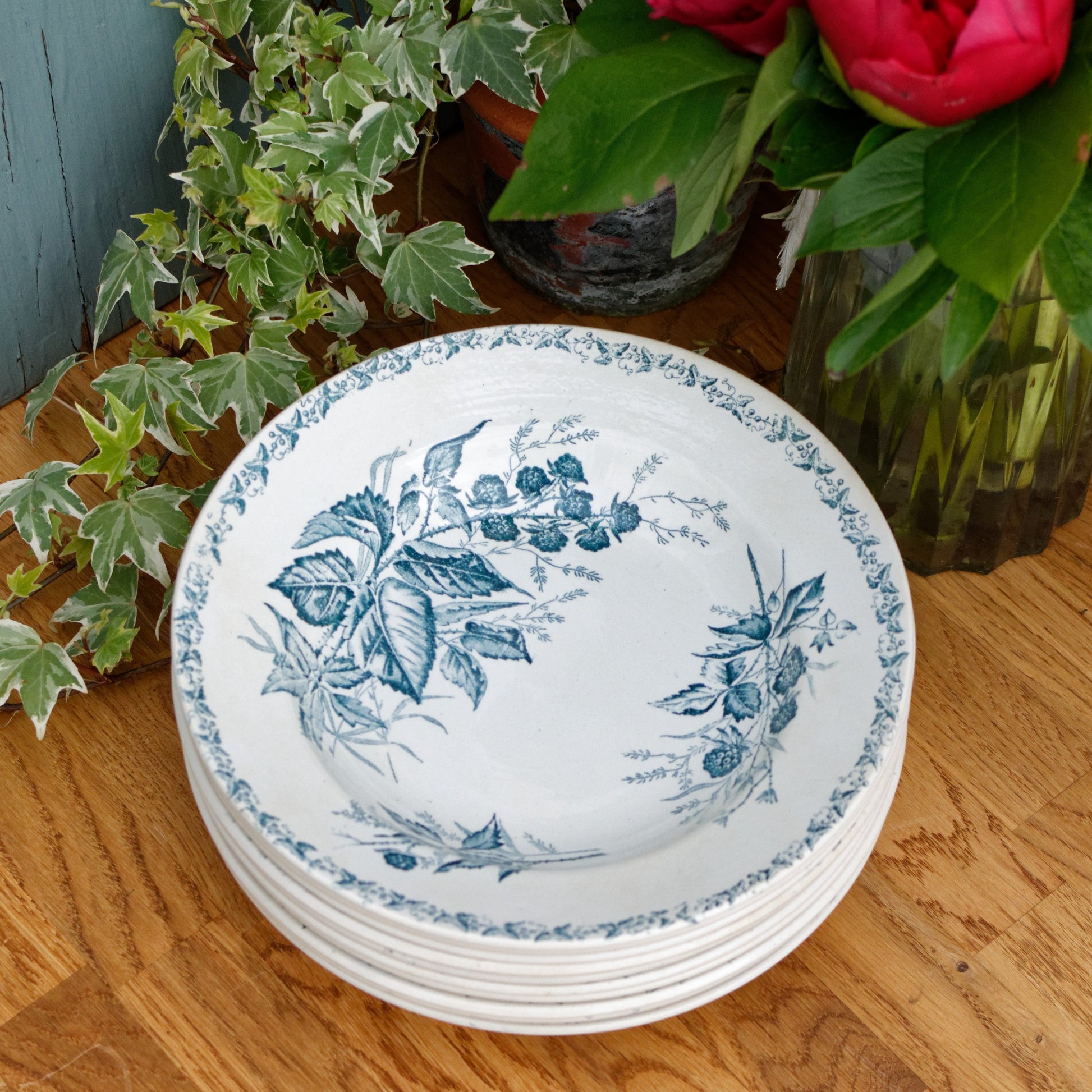 French Antique Ironstone MURE Motif FT (Fenal Theophile) Badonviller Blue Transferware Soup Plate Terre de fer Faience