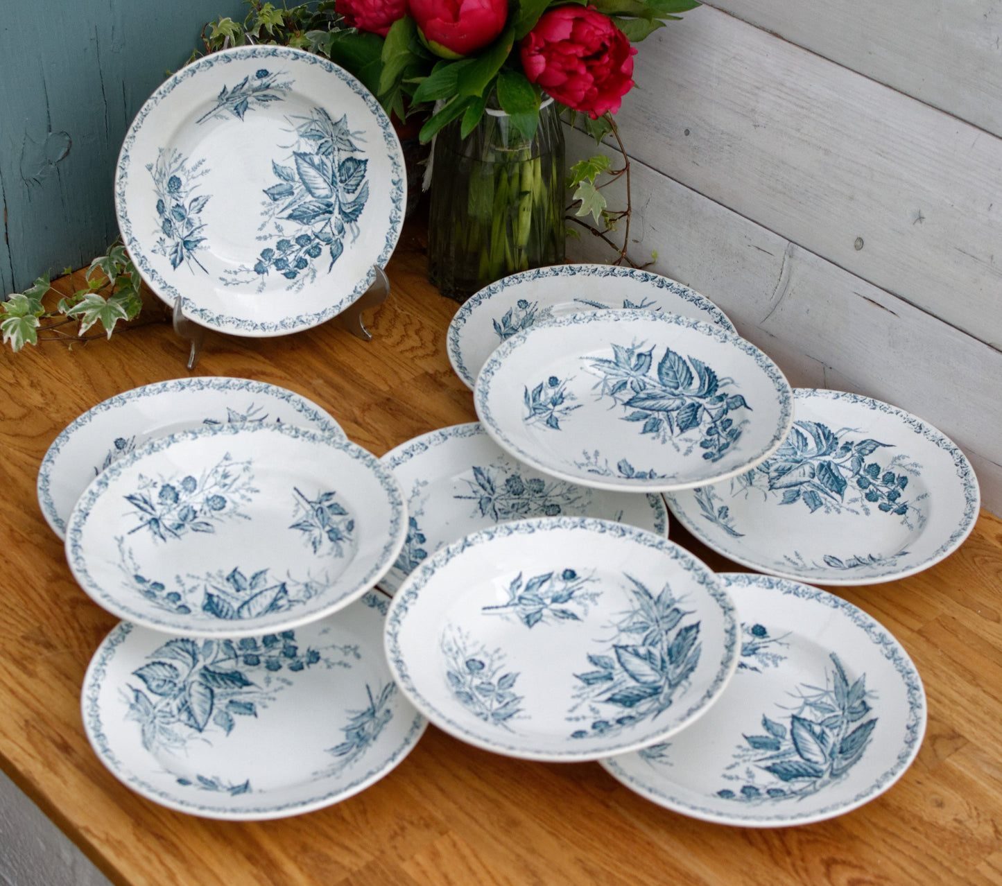 French Antique Ironstone MURE Motif FT (Fenal Theophile) Badonviller Blue Transferware Soup Plate Terre de fer Faience