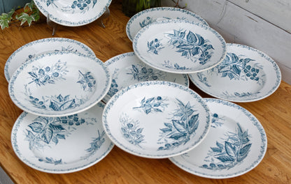 French Antique Ironstone MURE Motif FT (Fenal Theophile) Badonviller Blue Transferware Soup Plate Terre de fer Faience