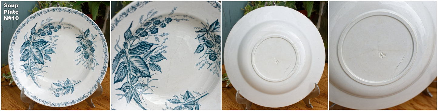 French Antique Ironstone MURE Motif FT (Fenal Theophile) Badonviller Blue Transferware Soup Plate Terre de fer Faience