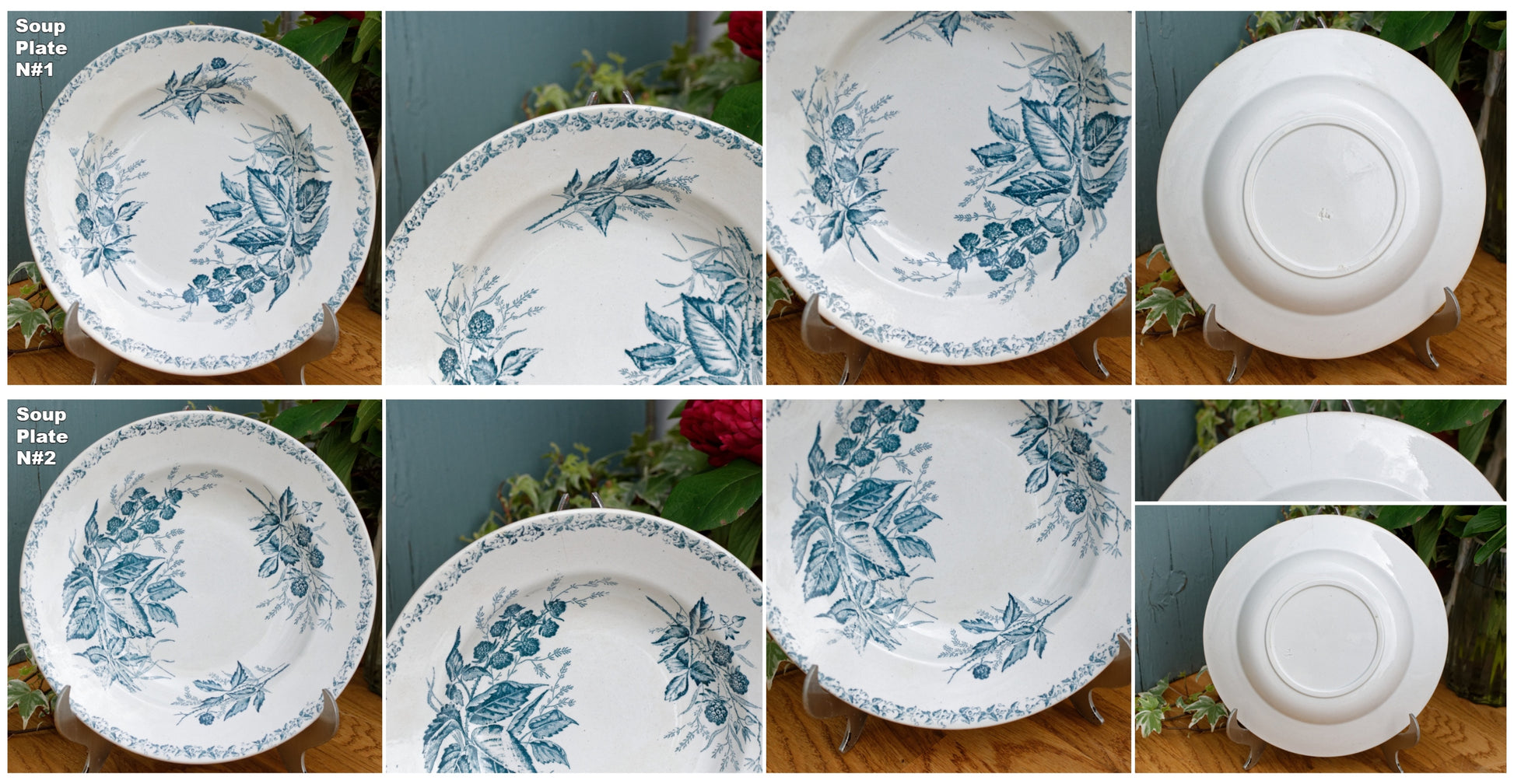 French Antique Ironstone MURE Motif FT (Fenal Theophile) Badonviller Blue Transferware Soup Plate Terre de fer Faience