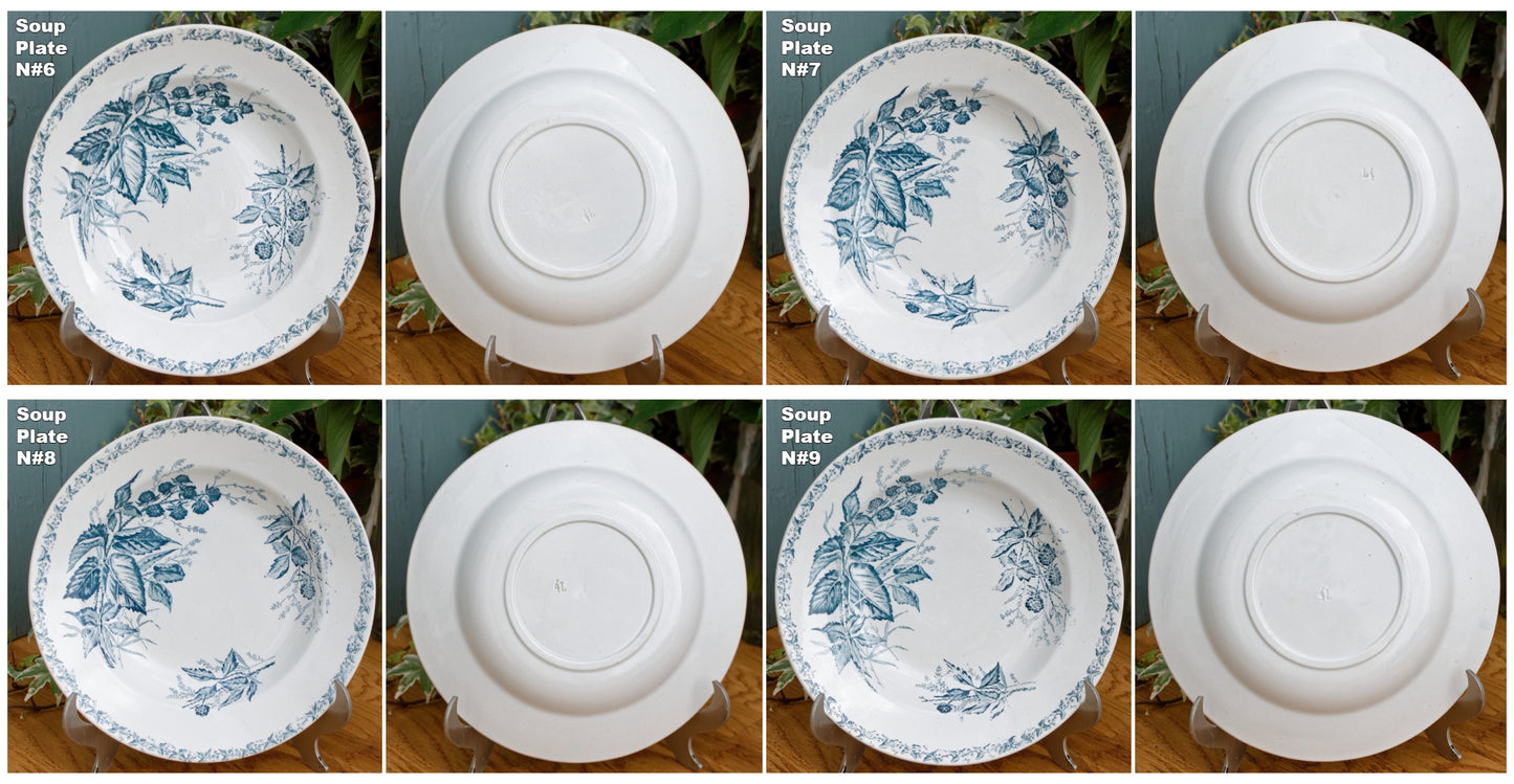 French Antique Ironstone MURE Motif FT (Fenal Theophile) Badonviller Blue Transferware Soup Plate Terre de fer Faience