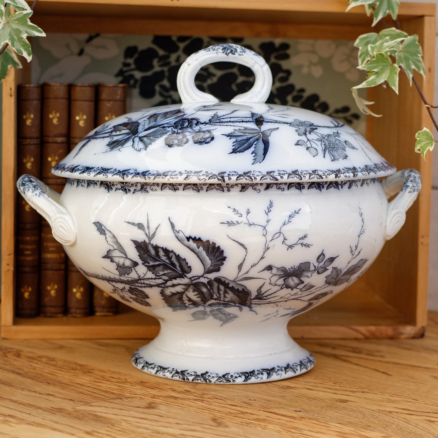 French Antique Ironstone Dark Blue Transferware MURE Motif FT (Fenal Theophile) Badonviller Terre de Fer Faience