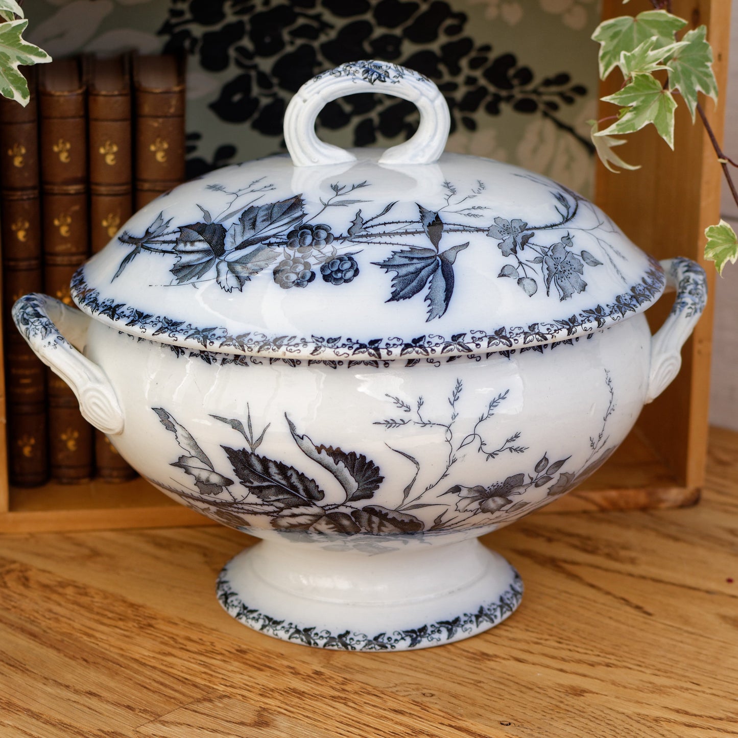 French Antique Ironstone Dark Blue Transferware MURE Motif FT (Fenal Theophile) Badonviller Terre de Fer Faience