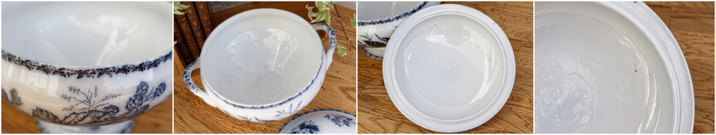 French Antique Ironstone Dark Blue Transferware MURE Motif FT (Fenal Theophile) Badonviller Terre de Fer Faience